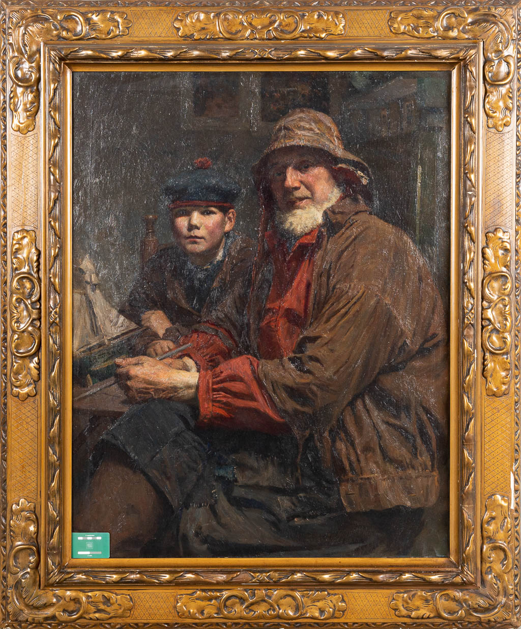 Aloïs BOUDRY (1851-1938) 'Grootvader en kleinzoon' een schilderij, olie op doek. (82 x 105 cm)
