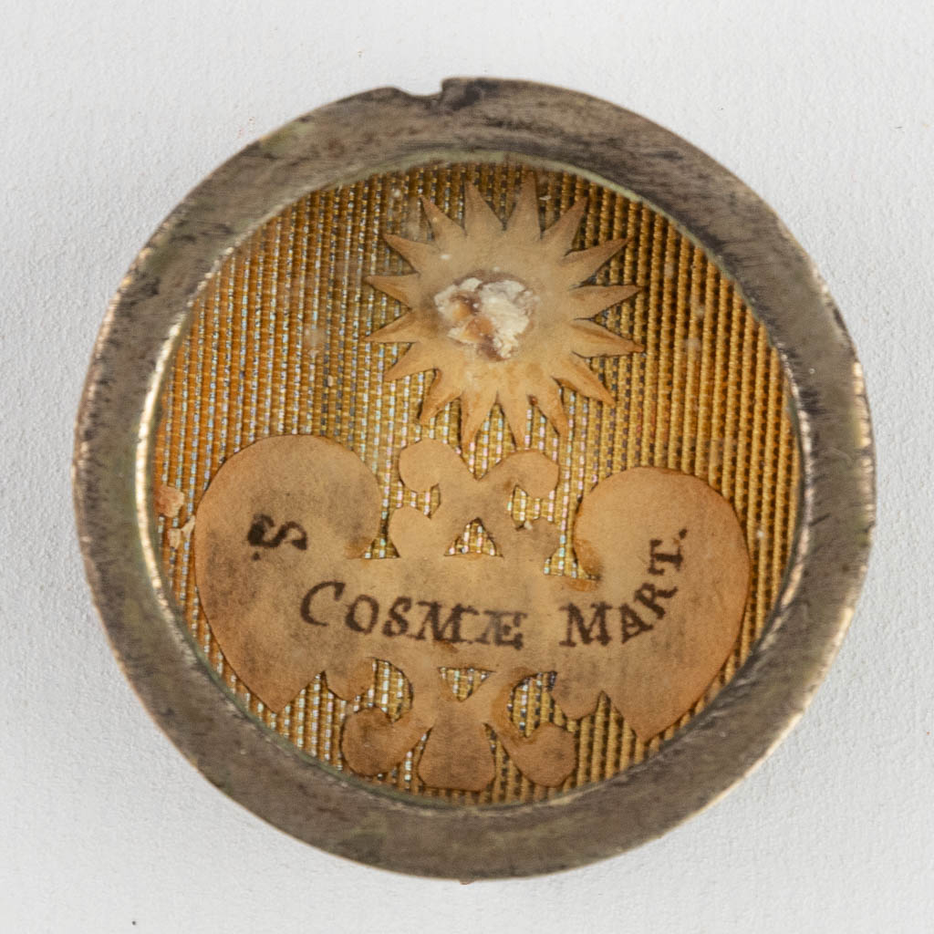A sealed theca with a relic: Ex Ossibus Sancti Cosma, Martyris