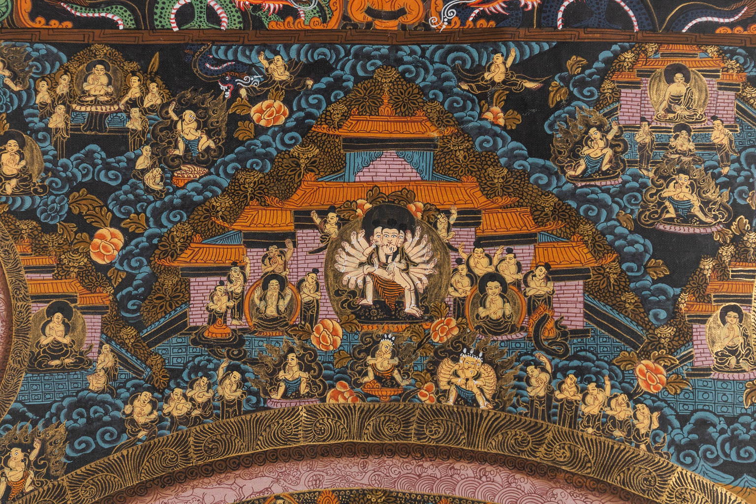 An Eastern Thangka, hand-painted decor on silk. (W:57 x H:74 cm)