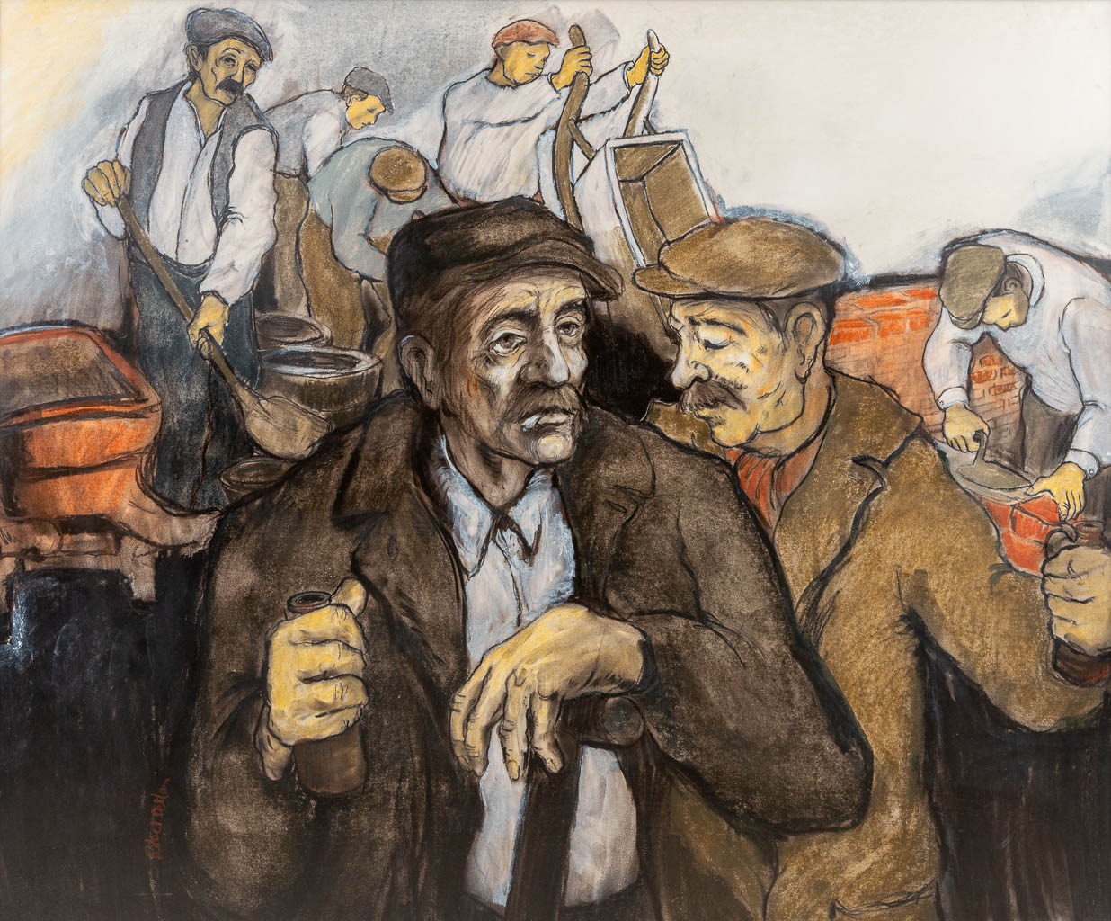 Robert DE MAN (1949-2016) 'Bouwvakkers' a drawing of construction workers, Gouache on paper. 1991. (120 x 103 cm)
