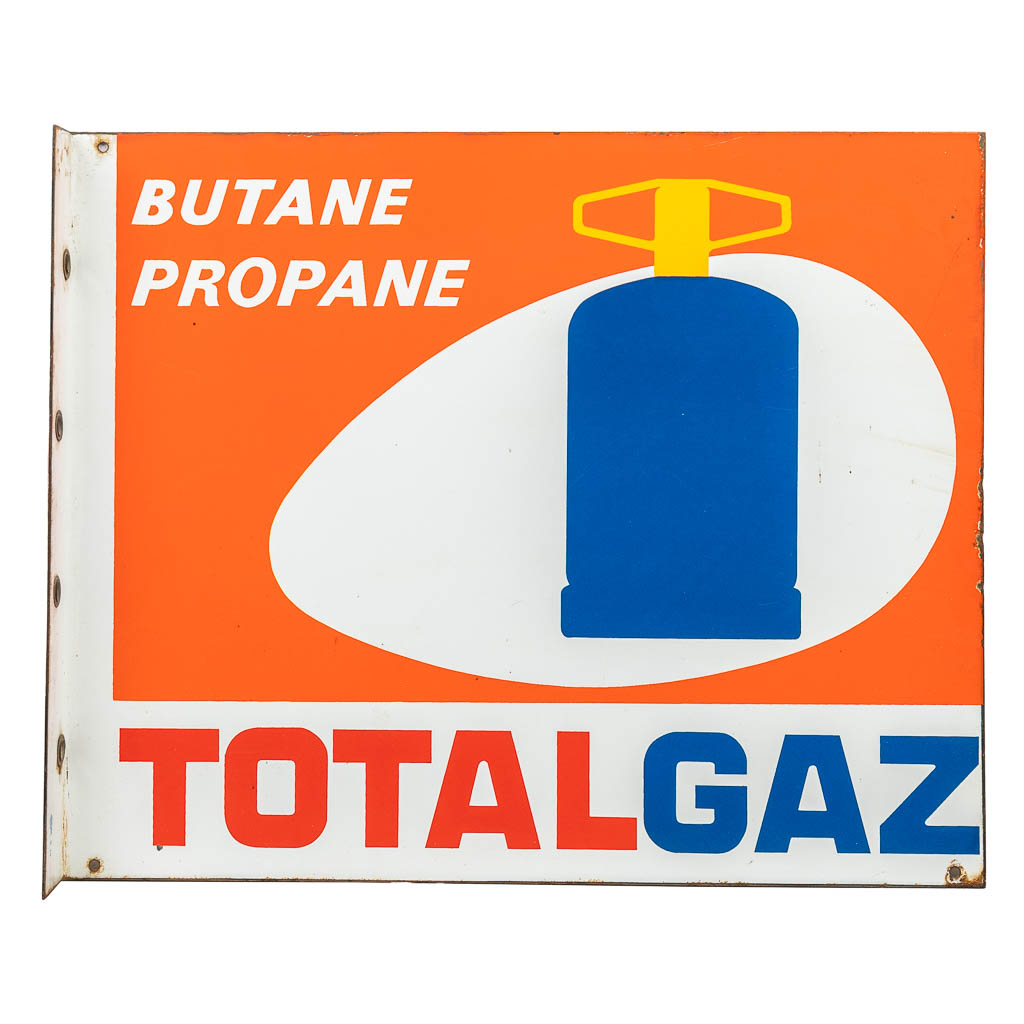 A double-sided enamel road sign 'Totalgaz - Butane Propane' and made in 1974. (H:49cm)