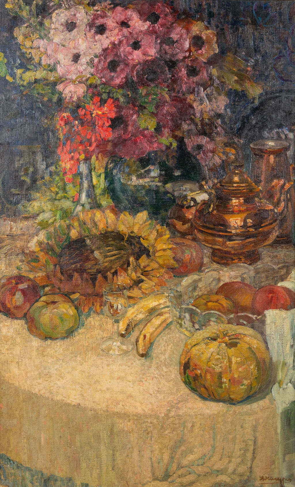 Alfons DE CUYPER (1887-1950) 'Flowers and fruit still life' oil on canvas. (W:63,5 x H:103 cm)