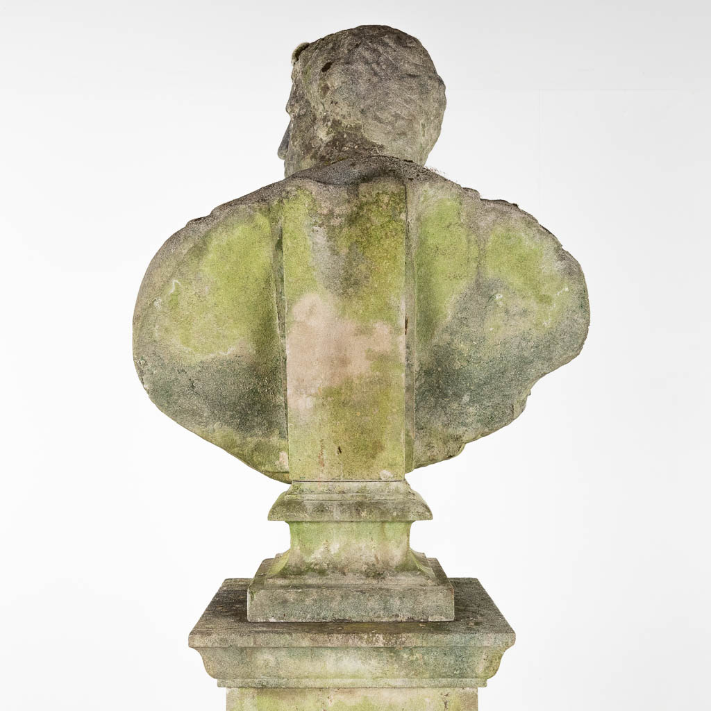 Bust of a Roman on a pedestal, probably Caesar, cast concrete. 20th C. (D:36 x W:75 x H:97 cm)
