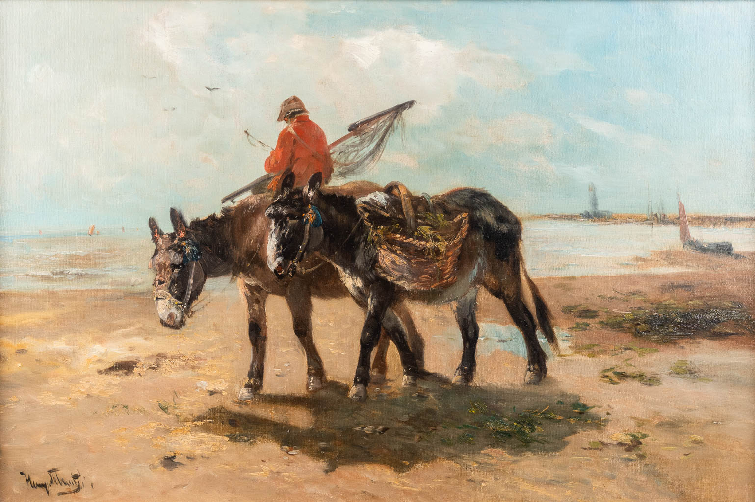 Henry SCHOUTEN (1857/64-1927) 'Ezels op het strand', olie op doek. 