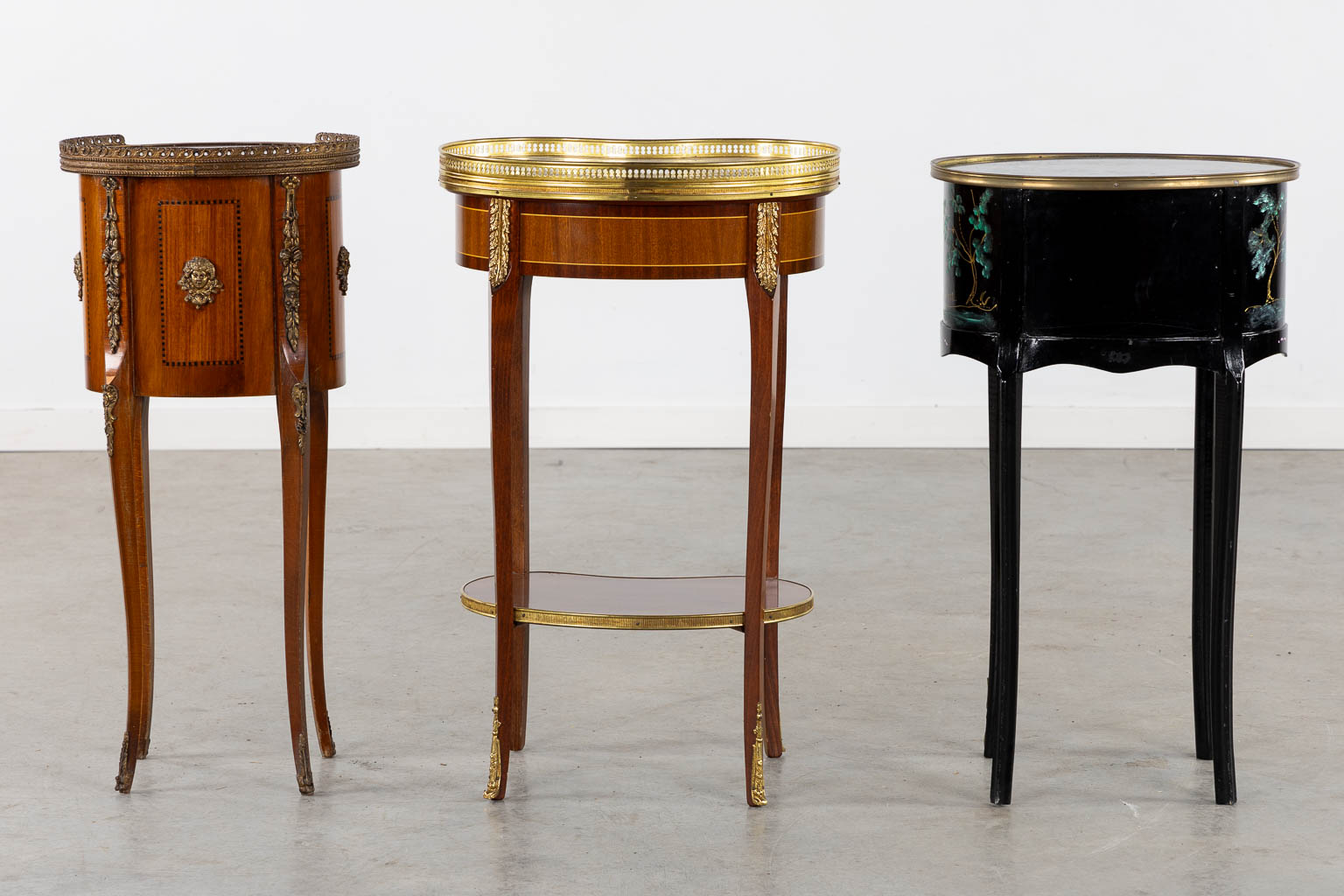 Three small side tables, marquetry and painted decor. 20th C. (L:30 x W:44 x H:71 cm)