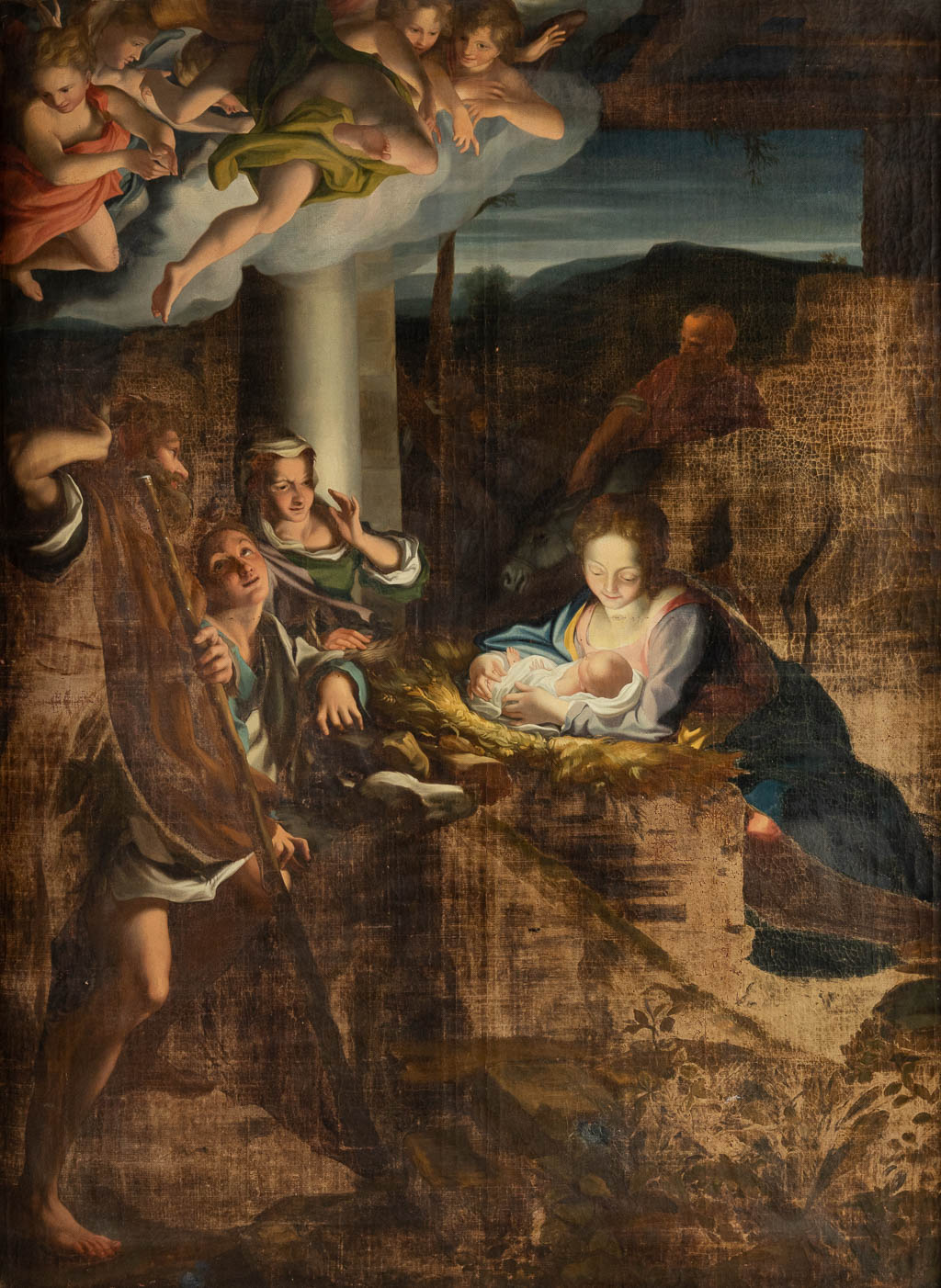 Een groot schilderij 'De Geboorte Van Jezus' olie op doek. (W:106 x H:145 cm)