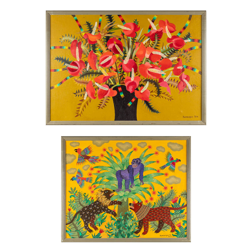 Igor RYMASJEVSKI (1959) 'Rode Bloemen' & 'In Africa' olie op doek, 1992 & 1994. (W:100 x H:70 cm)
