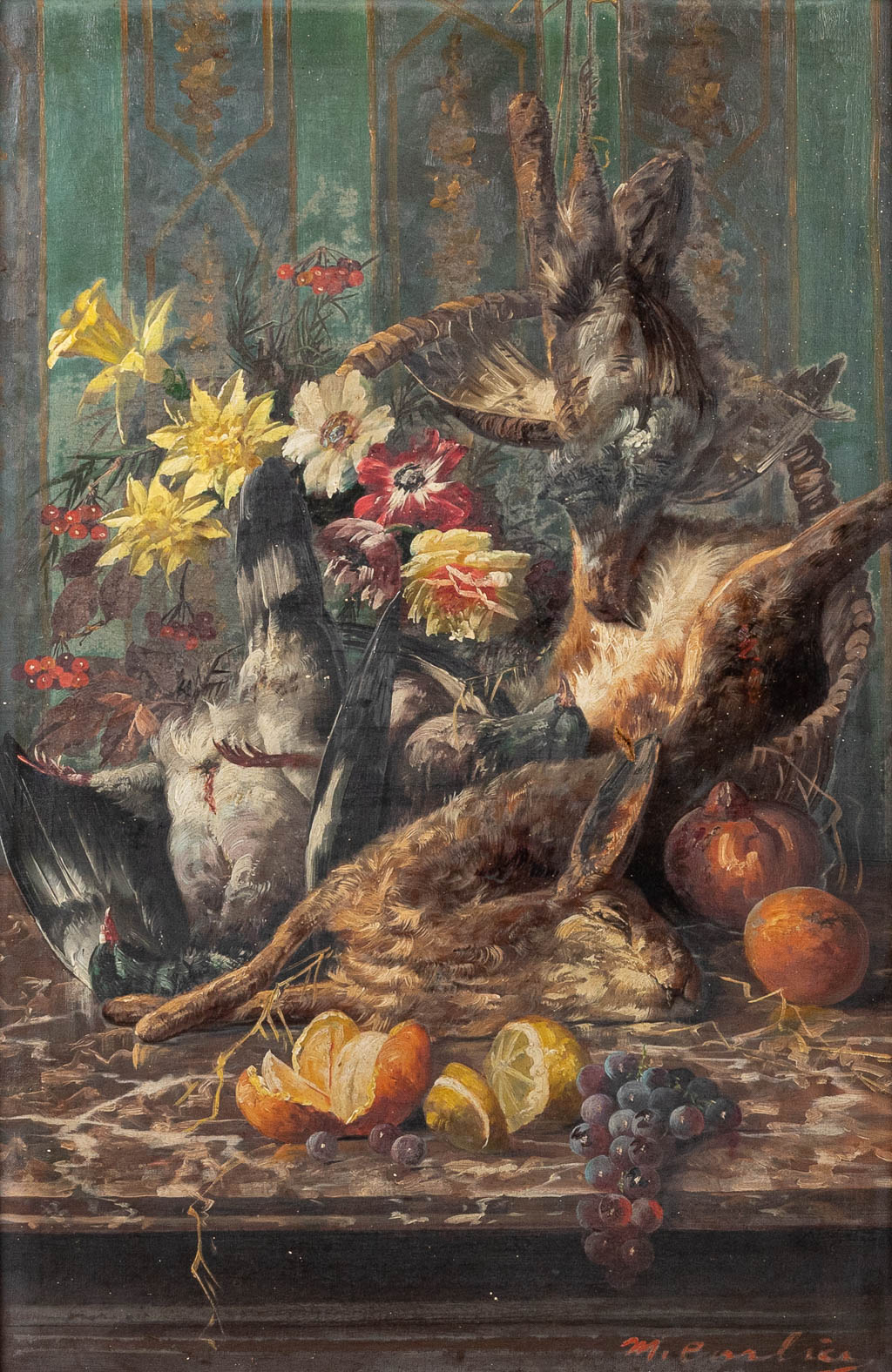 Max Albert CARLIER (1872-1938) 'Stilleven met vruchten van de Jacht' een schilderij, olie op doek. (61 x 90 cm)