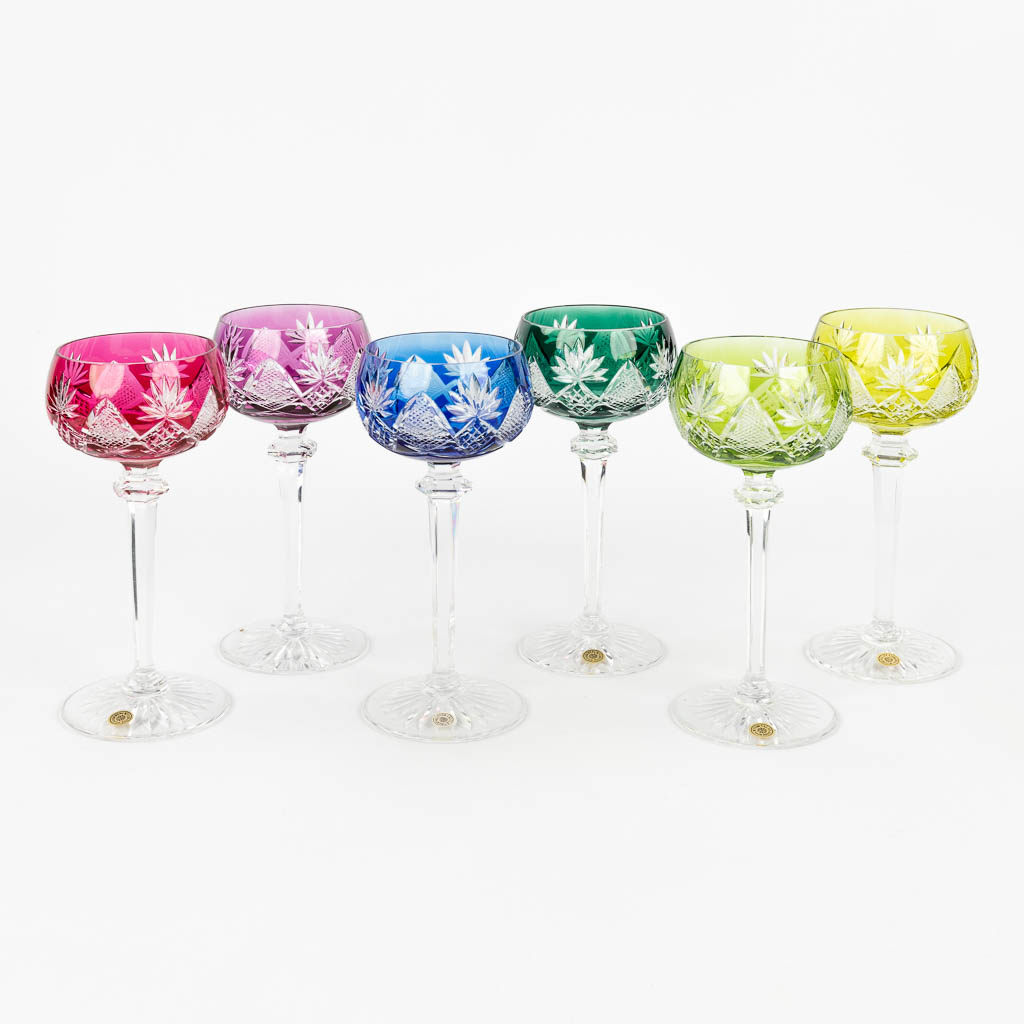  Val Saint Lambert 'Berncastel', a set of 6 coloured and cut crystal glasses or goblets.