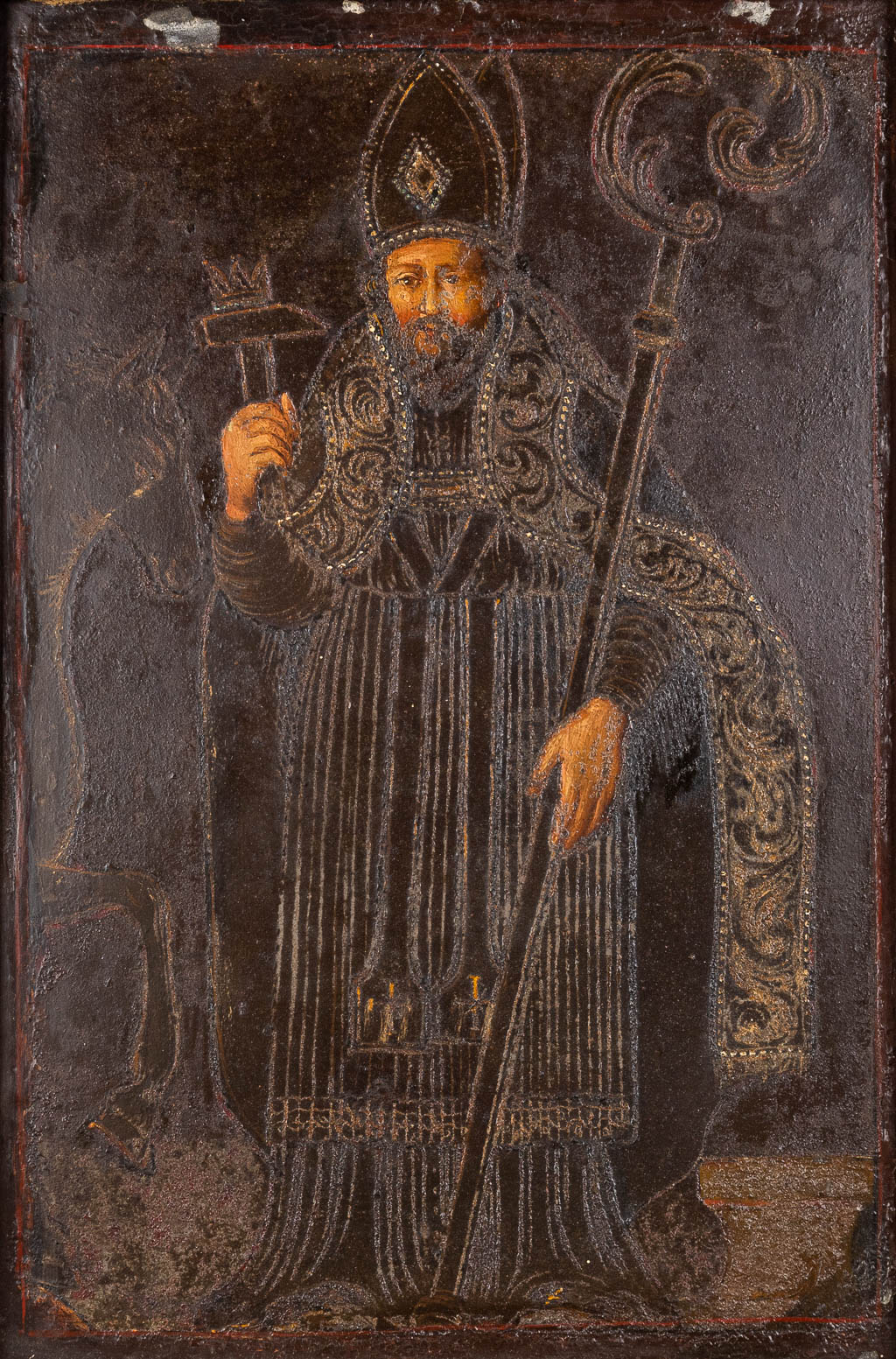 Heilige Eligius of Elooi, geschilderd op zink. Waarschijnlijk 18de eeuw. (W:24 x H:35 cm)