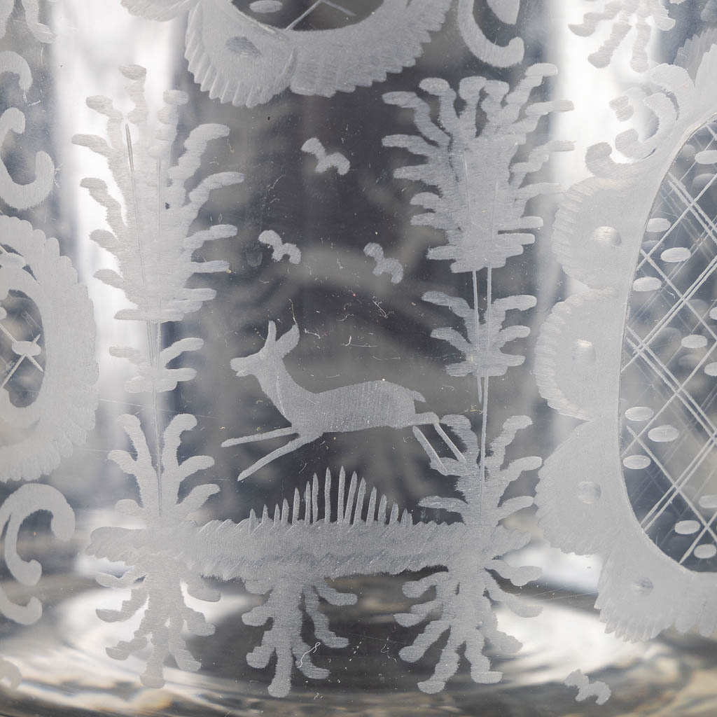 A large Bohemian, hand-made antique vase with etched fauna and flora scenes. 19th C. (H:25,5 x D:19,5 cm)