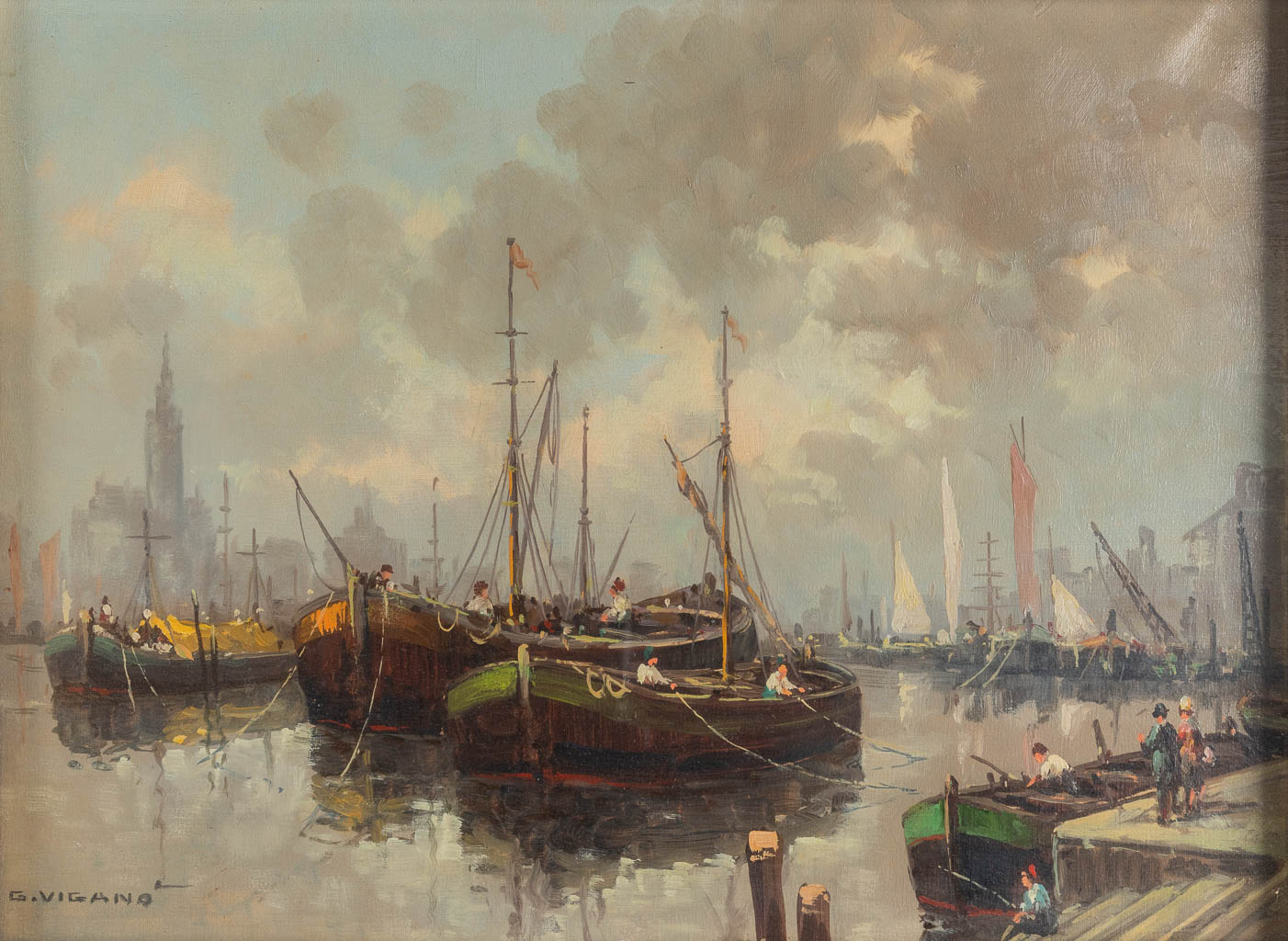 Giuseppe VIGANO (1910-?) 'Porticciolo à Rotterdam' olie op doek (W:40 x H:30 cm)