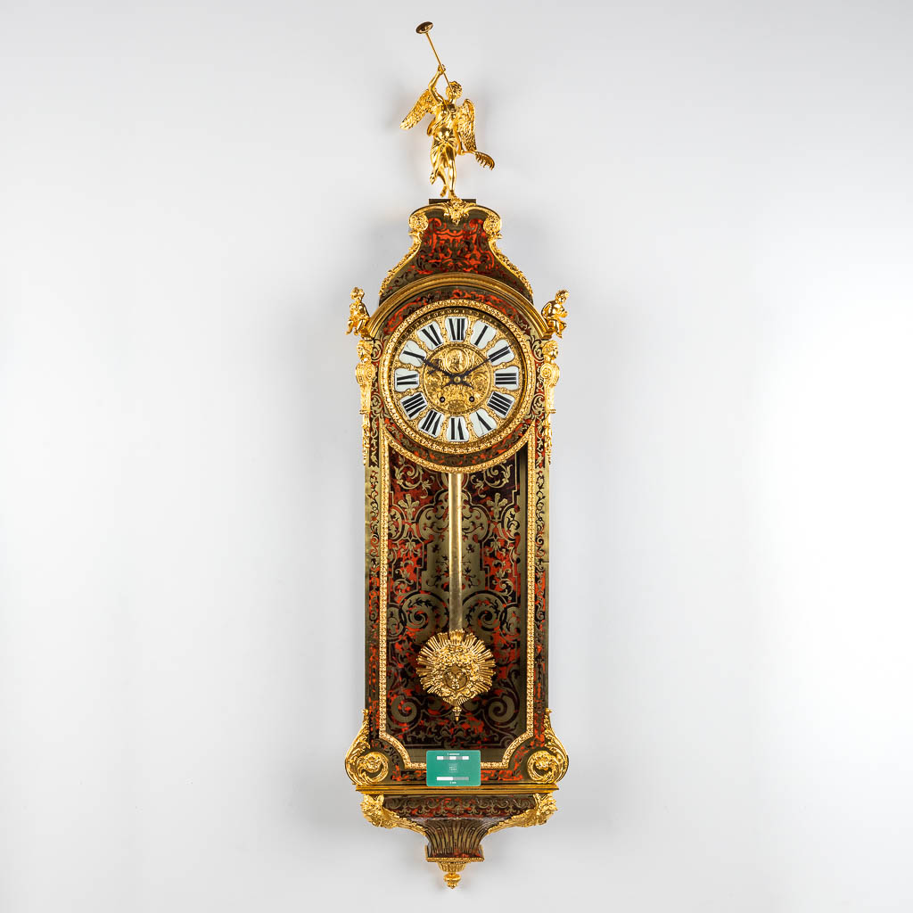 A Vienna Regulator clock, Boulle, Tortoiseshell and copper inlay, Napoleon 3, 19th C. (D:16 x W:36 x H:140 cm)