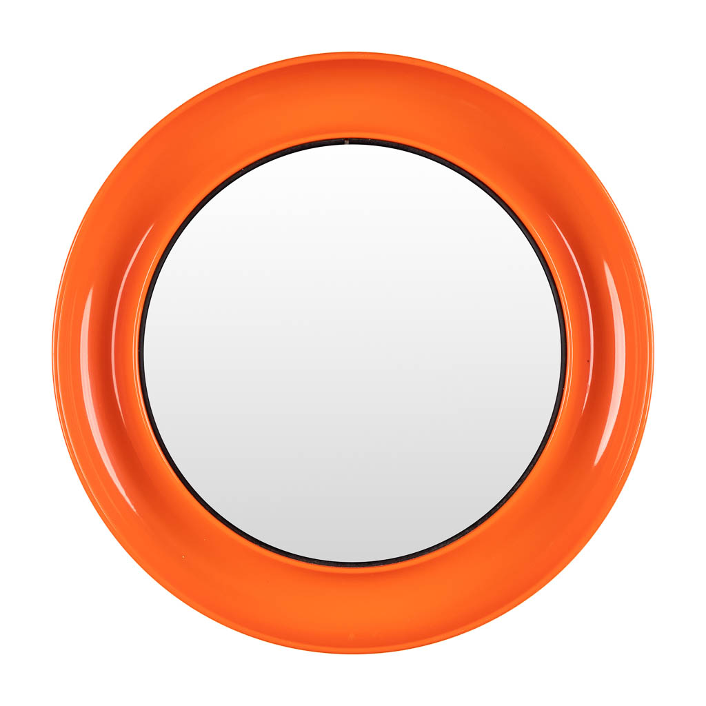 Two mid-century mirrors with an orange acrylic rim. Made in Denmark. (D:56 cm)