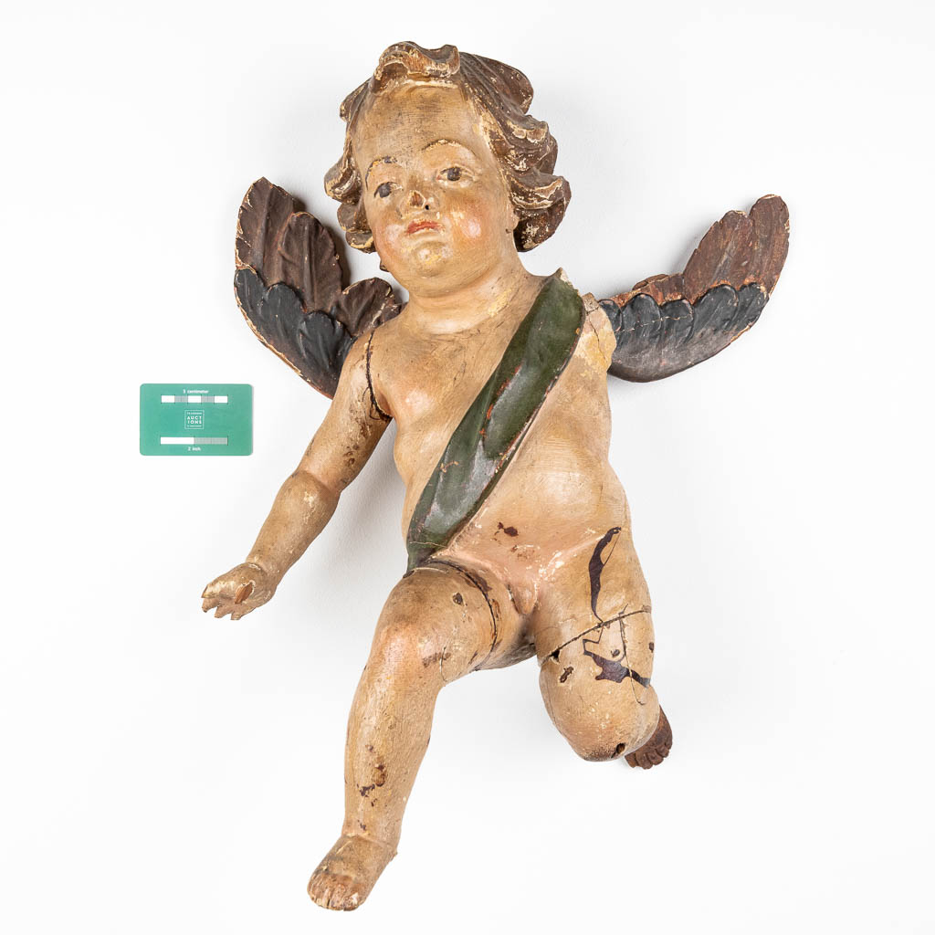 Een engel, antieke houtsculptuur met originele polychromie. 18de eeuw. (D:40 x W:58 cm)