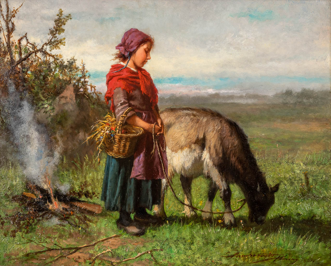 Henri Joseph CAMPOTOSTO (1833-1910) 'Jongedame met geitjes' olie op paneel. 1861 (W:42 x H:34 cm)