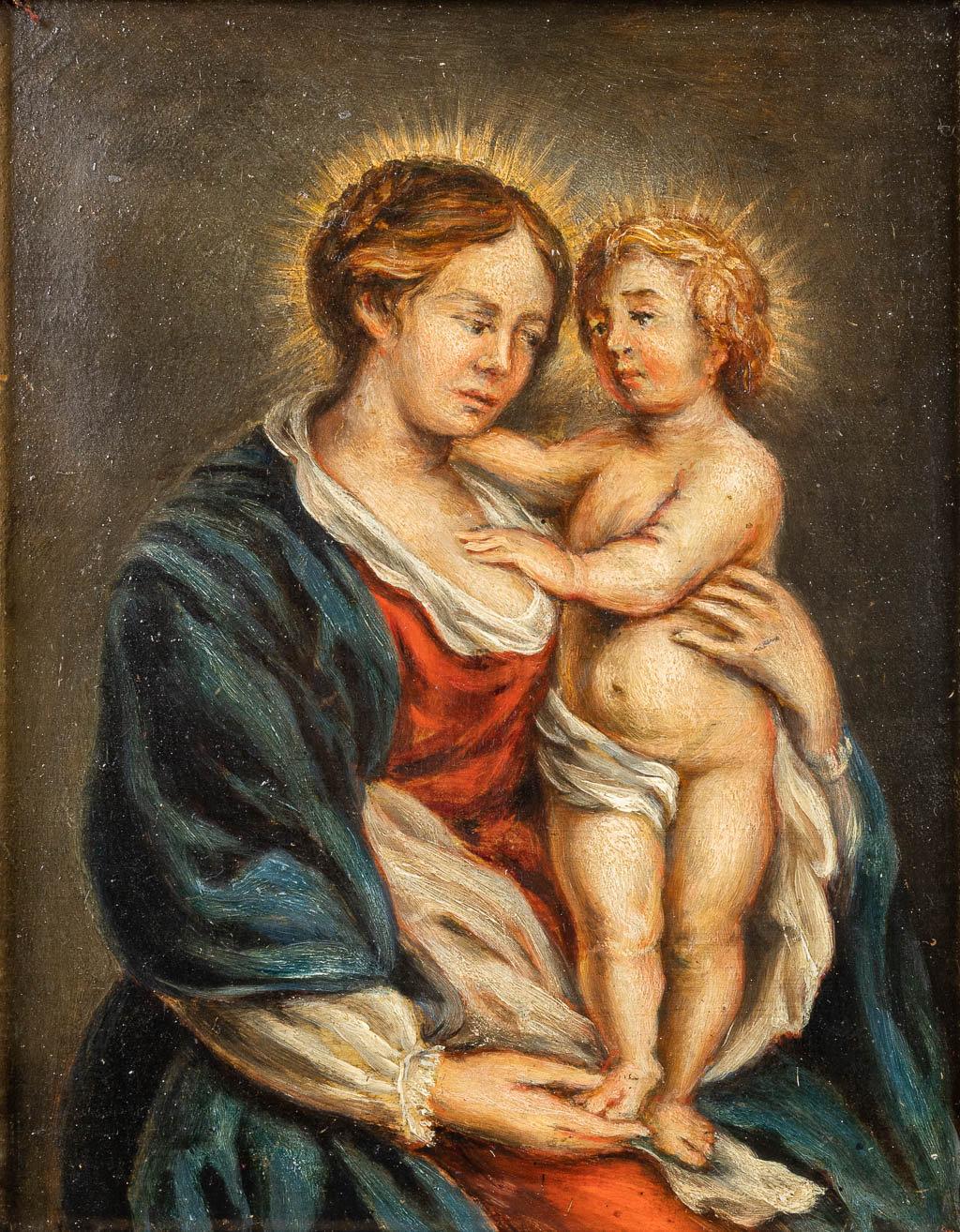 Geen handtekening gevonden, een antiek schilderij 'Madonna met kind', olie op paneel. (14,5 x 19 cm)