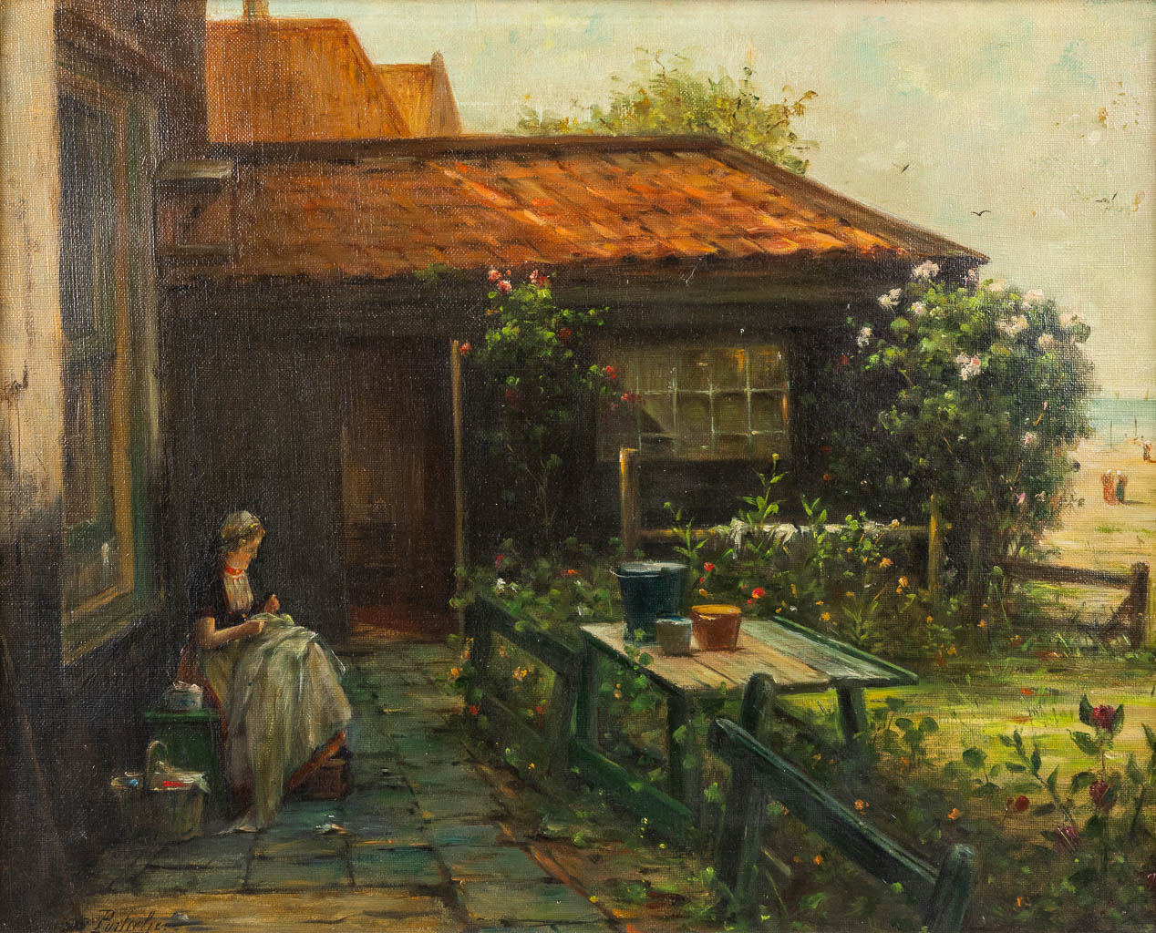 Edward Antoon PORTIELJE (1861-1949) 'Meisje op het Terras' olie op doek. (W:39 x H:49 cm)