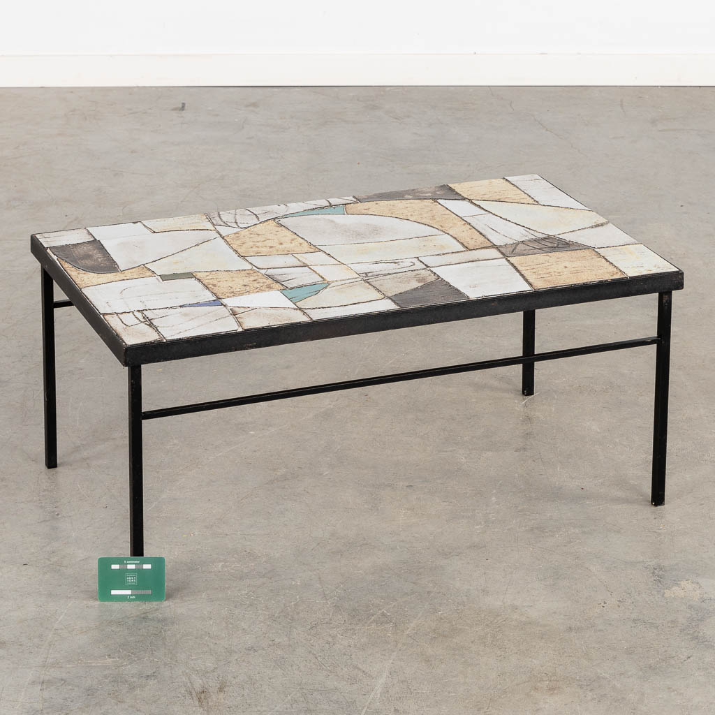 A mid-century coffee table, metal with ceramic tiles. (L:45 x W:78 x H:34 cm)