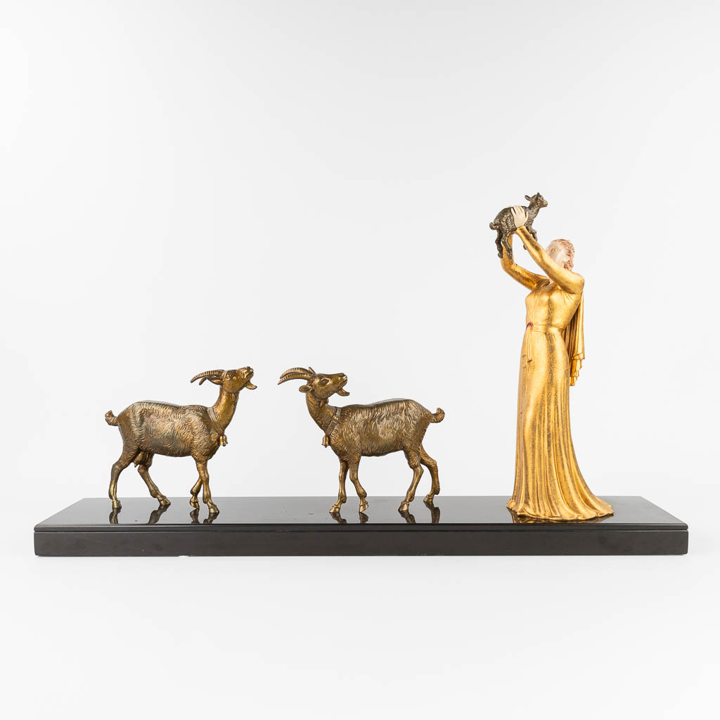  Lady with 3 goats, a statue made in art deco style (L:16,5 x W:85 x H:48,5 cm)
