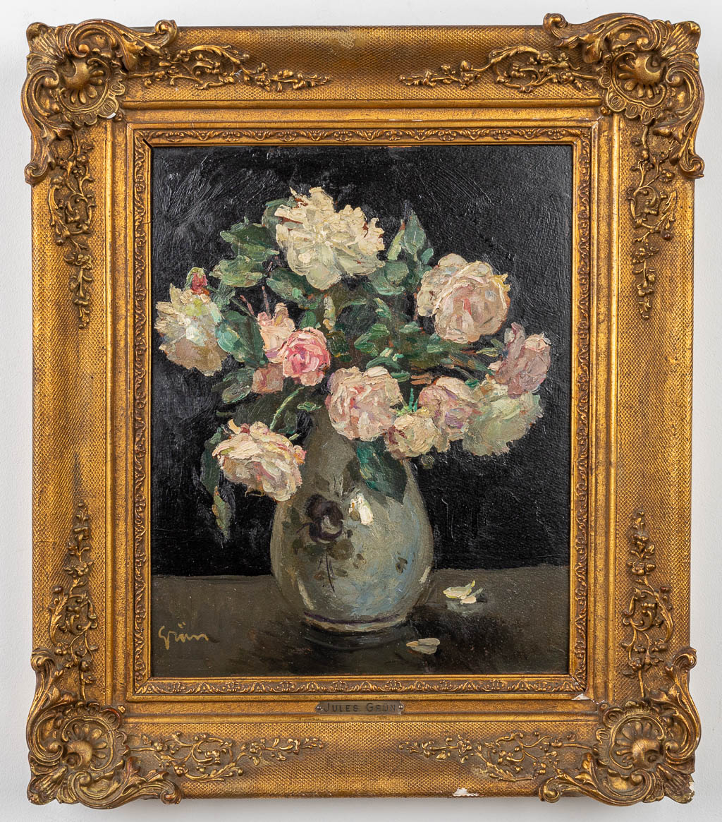 Jules Alexandre GRÜN (1868-1934) 'Bloemenvaas - Bouquet de roses' een schilderij, olie op karton. (33 x 40 cm)