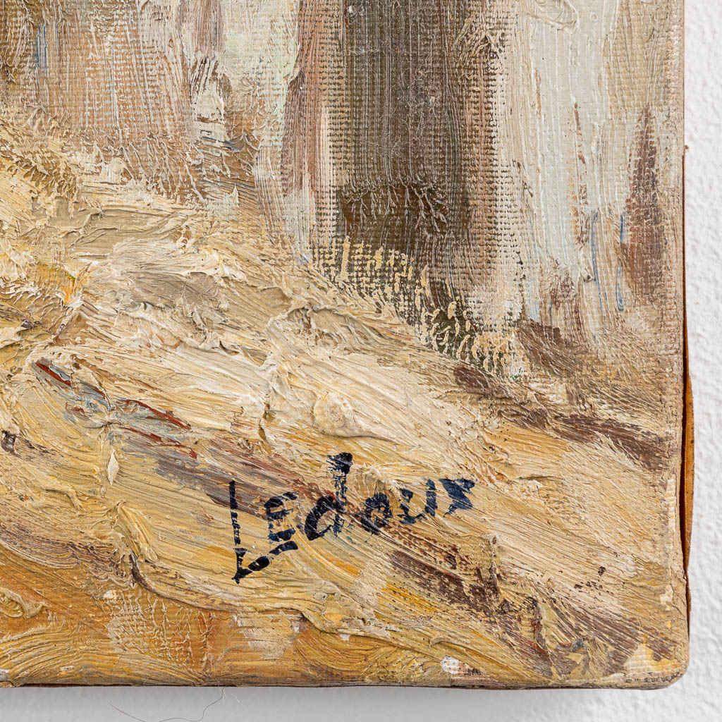 A painting 'Animated scène in the road', signed Ledoux. Oil on canvas. (W:46 x H:60 cm)
