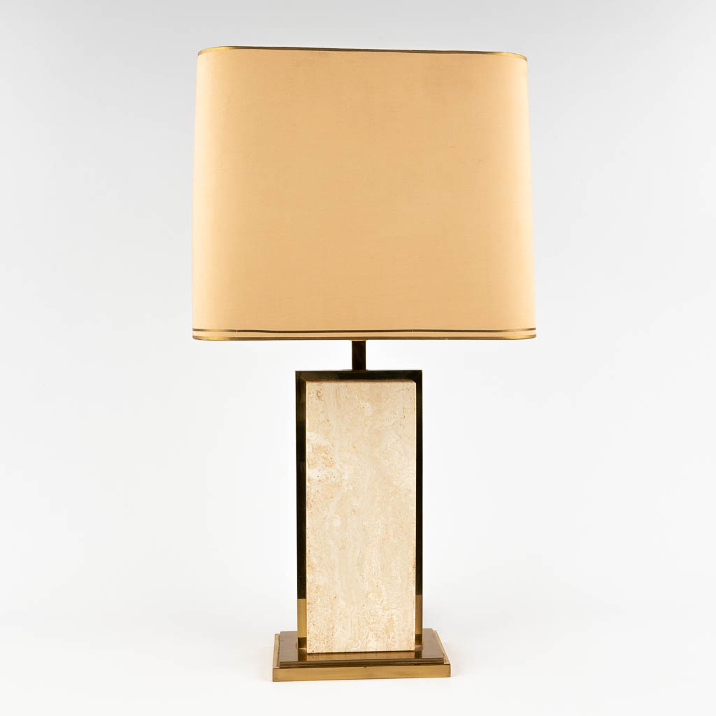 Camille BREESCHE (XX)(attr.) 'Travertine and gilt table lamp' (D:11,5 x W:19,5 x H:40 cm)