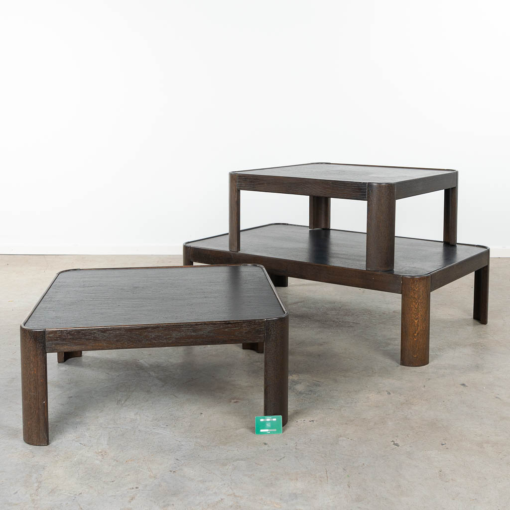 A set of 3 mid-century side / coffee tables made of wood with a slate stone, 20th century. (H:37cm)