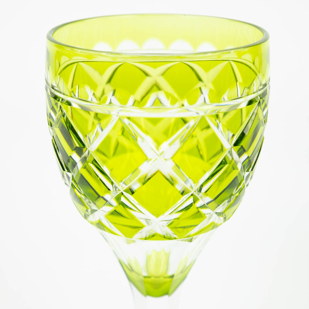 A collection of 6 glasses made of coloured cut glass and marked Val Saint-Lambert, Model St-Helene. (H:19cm)