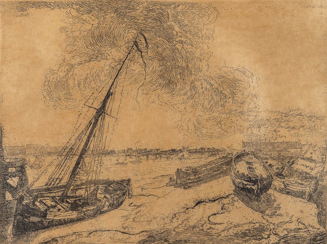  James ENSOR (1860-1949) 'Barques Echouées', een gravure. 