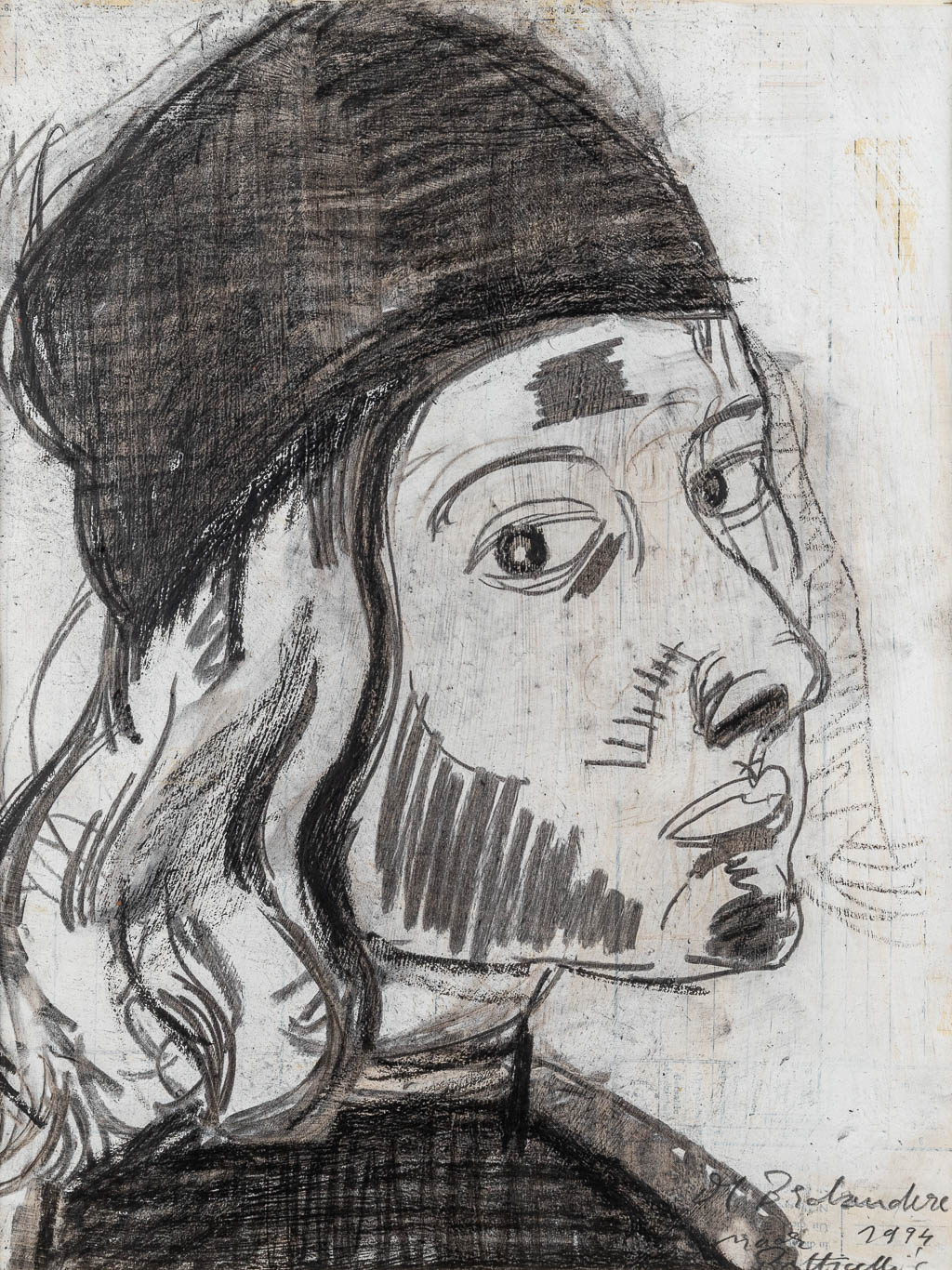 Mario DE BRABANDERE (1963) 'Portret' mixed media op papier. (W:28 x H:37,5 cm)