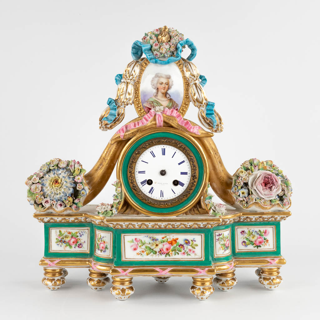 JACOB-PETIT (1796-1868) 'Mantle Clock' polychrome porcelain. 19th C. (D:14 x W:39 x H:40 cm)