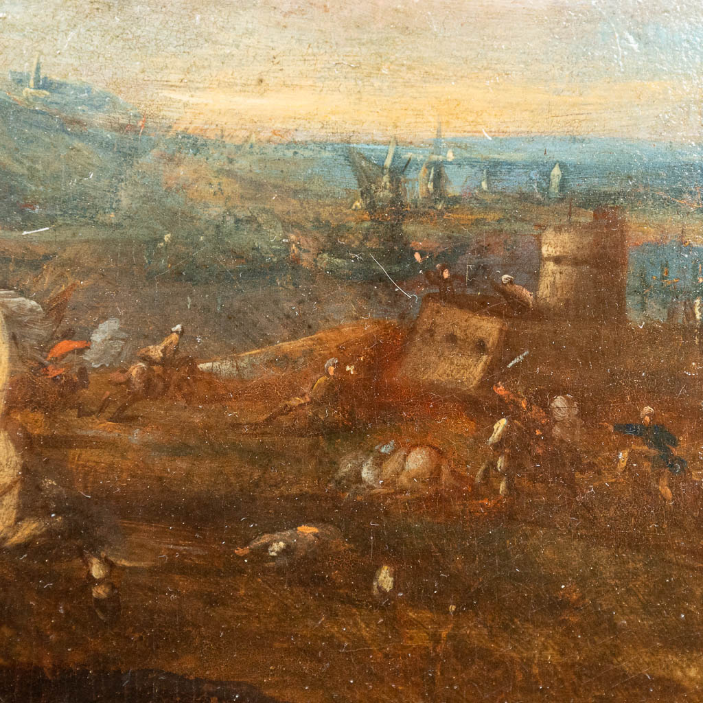 Jacques COURTOIS (1621-1676) Een pendant schilderij van een vechtscène met paarden (24 x 21 cm)