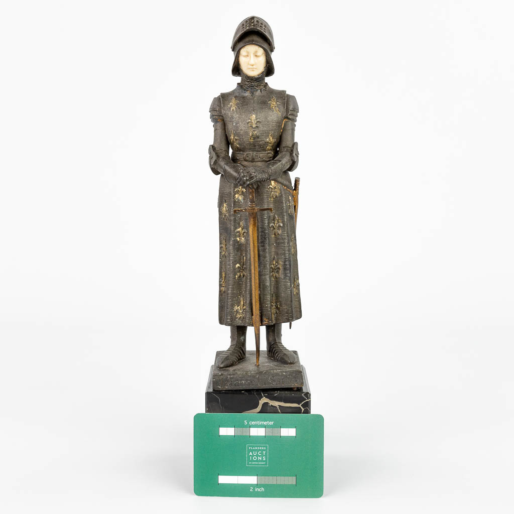 A Chryselephantine spelter statue of Jeanne D'arc marked 'Jeanne La Sainte'. (H:25cm)