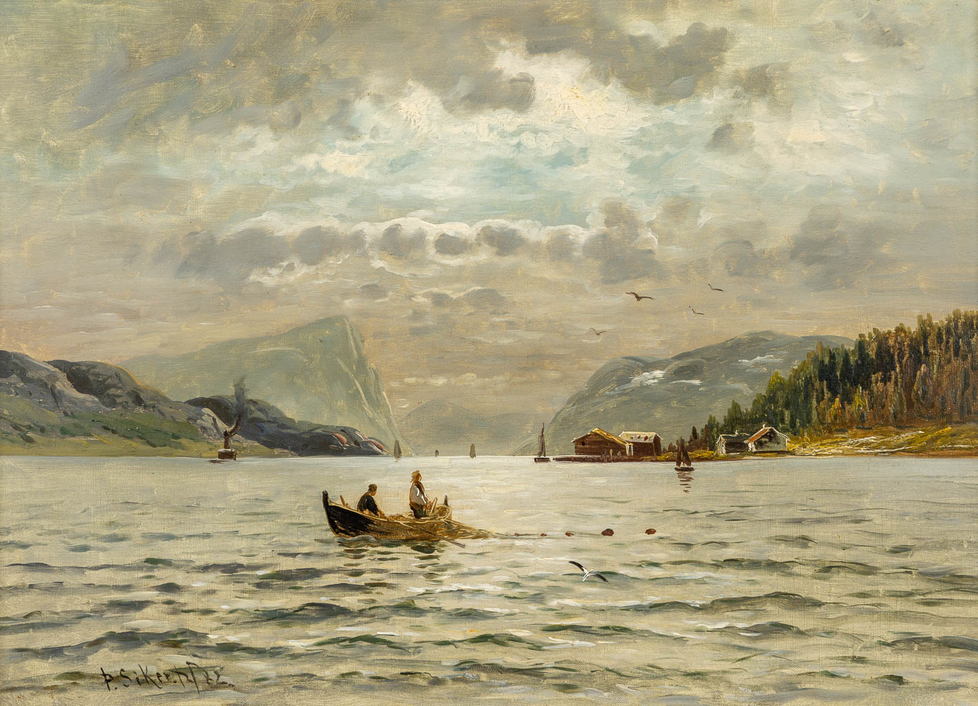 Een decoratief schilderij 'Bootje op een meer', getekend links onderaan. (W:66 x H:47,5 cm)