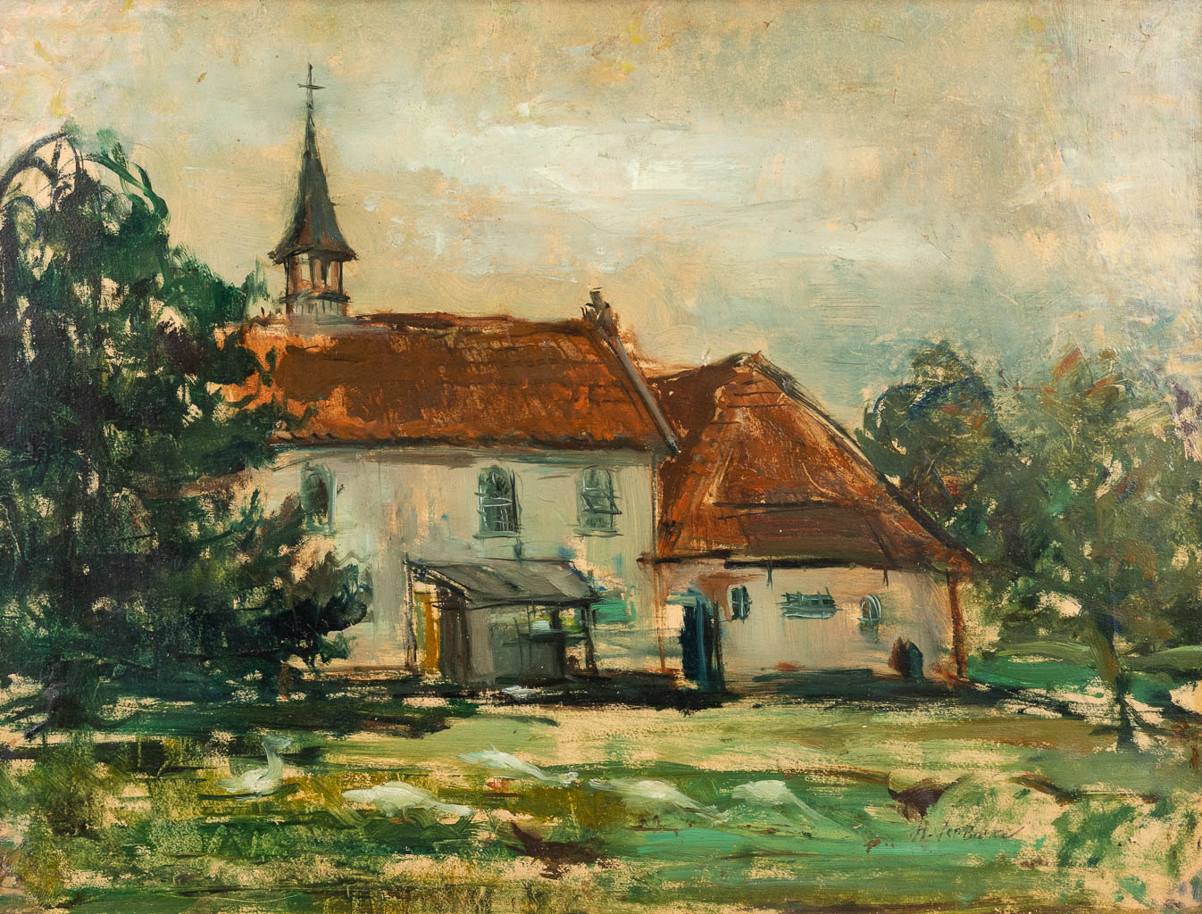 Herman VERBAERE (1906-1993) 'Zicht op de kapel' olie op paneel. (W: 49,5 x H: 38 cm)