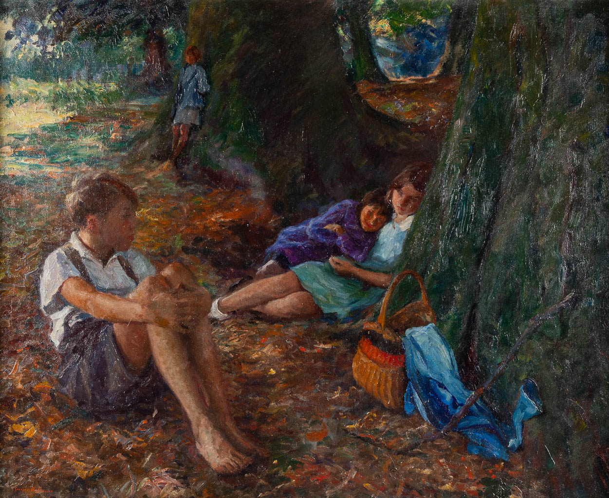 Georges DE SLOOVERE (1873-1970) 'Kinderen in een bos, Brugge', olie op doek. (W:100 x H:80 cm)