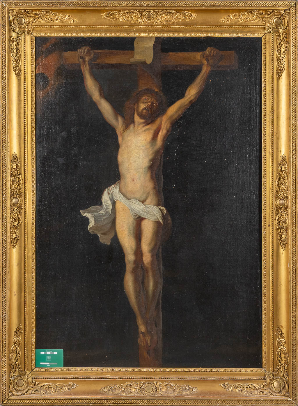 Jesus hangt aan het kruis, een schilderij, olie op doek. 19de eeuw. (W:70 x H:100 cm)