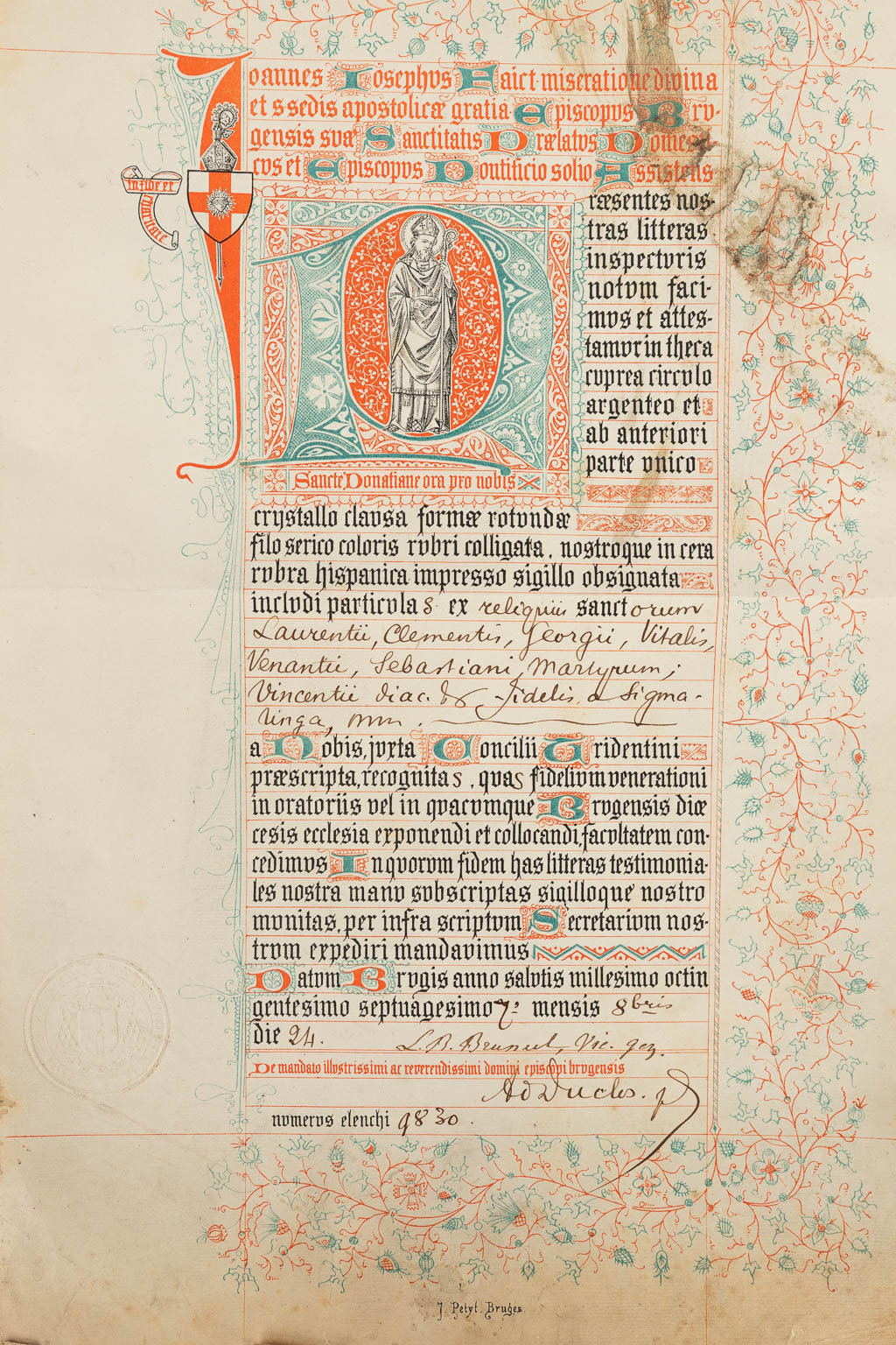 A sealed theca with a relic: Ex reliquiis sanctorum Laurentii, Clementis, Georgii, Vitalis, Venantii, Sebastiani Martyrum, Vince