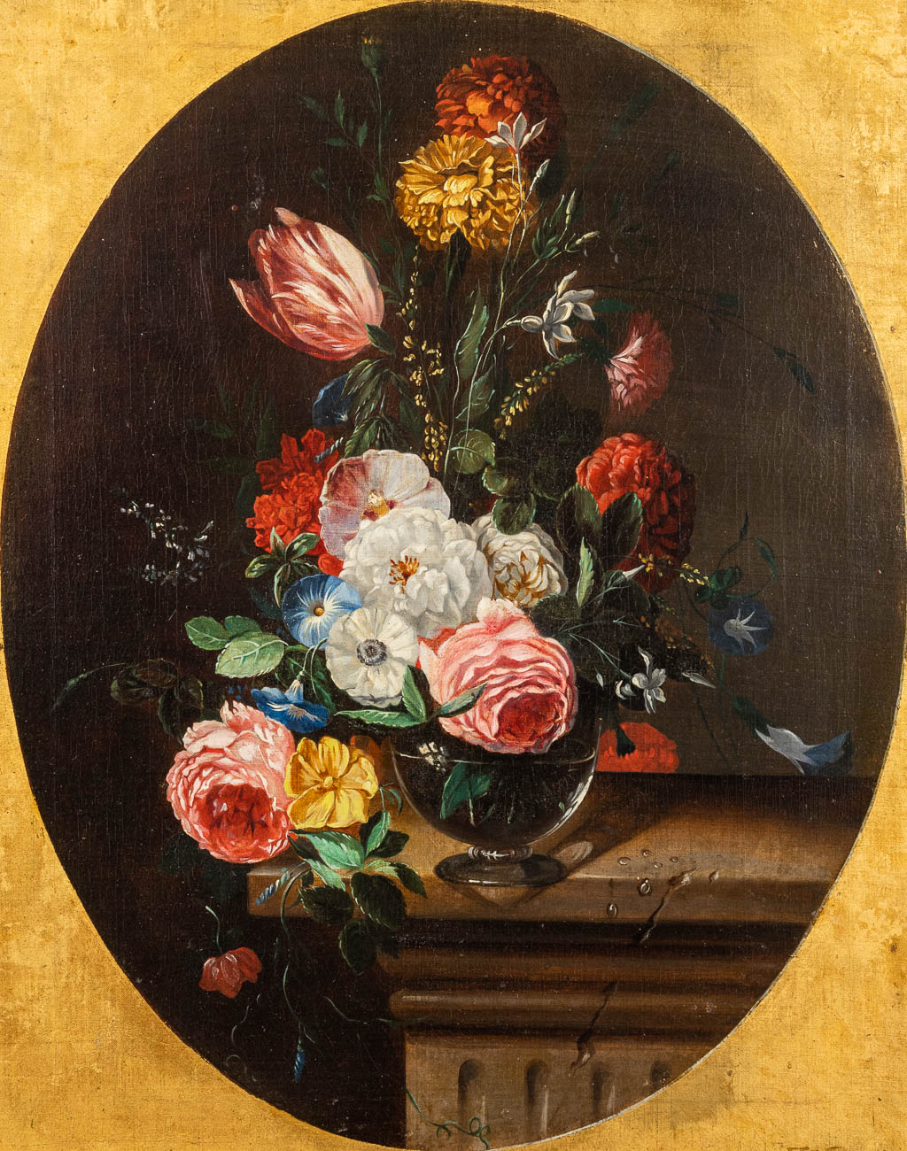 Een bloemenstilleven, olie op doek. 19de eeuw. (W:44,5 x H:56 cm)