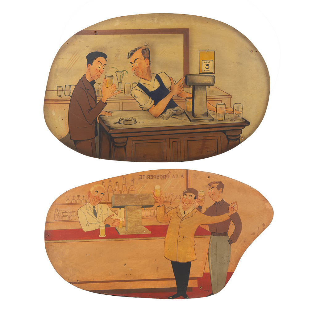 Twee decoratieve panelen met 'Herberg scènes', olie op paneel. (W:123 x H:81 cm)