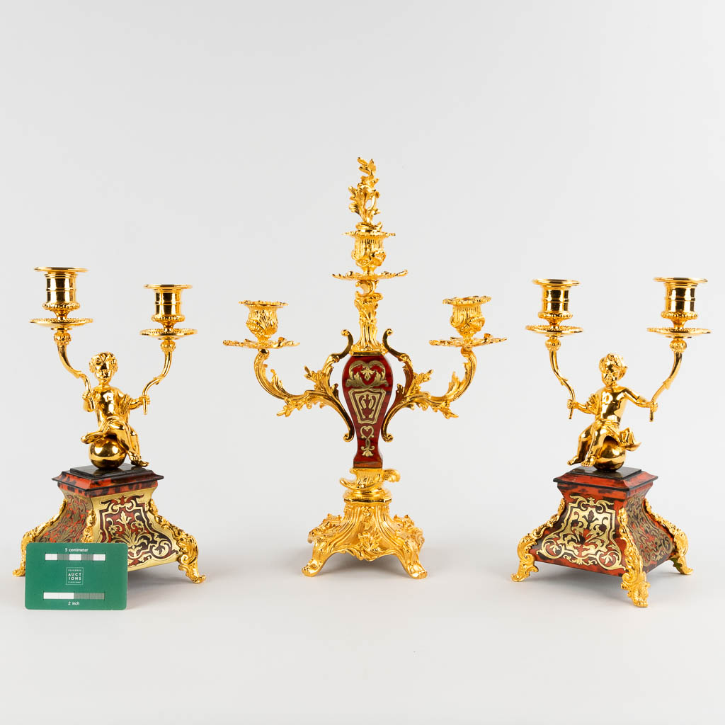Three table candelabra, gilt bronze and Boulle, tortoise Shell and copper inlay. Napoleon 3, 19th C. (D:12 x W:26 x H:39 cm)
