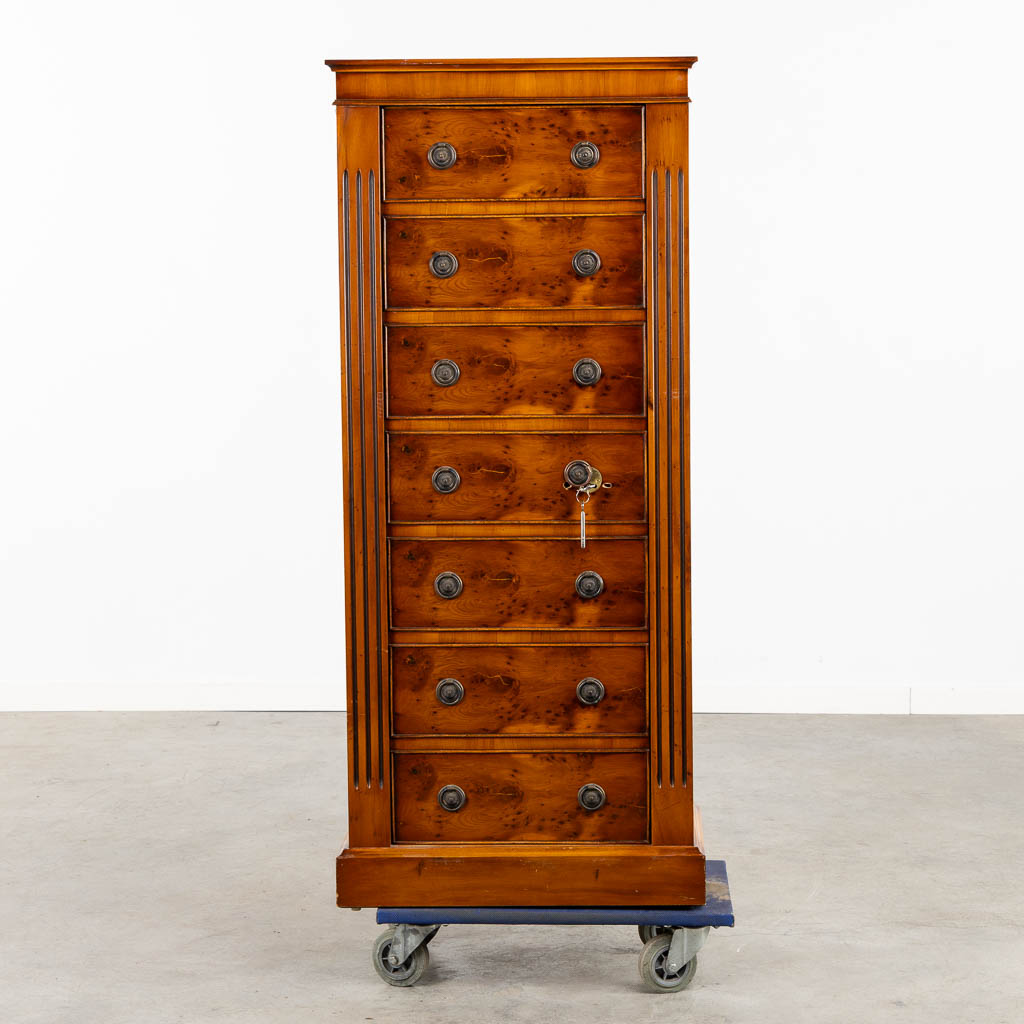 An armory cabinet/safe, metal mounted with wood. Circa 1980. (L:34 x W:60 x H:139 cm)