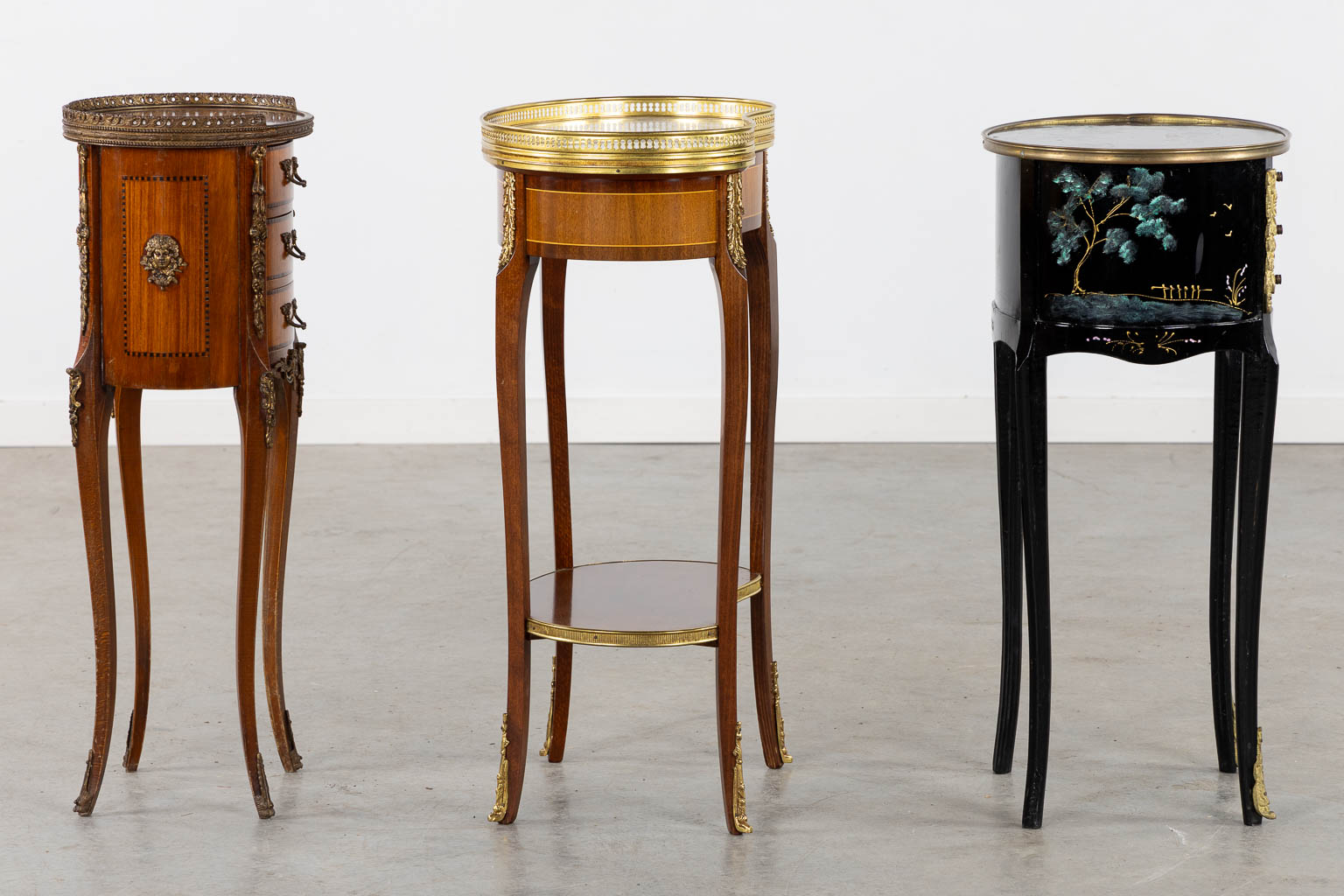Three small side tables, marquetry and painted decor. 20th C. (L:30 x W:44 x H:71 cm)