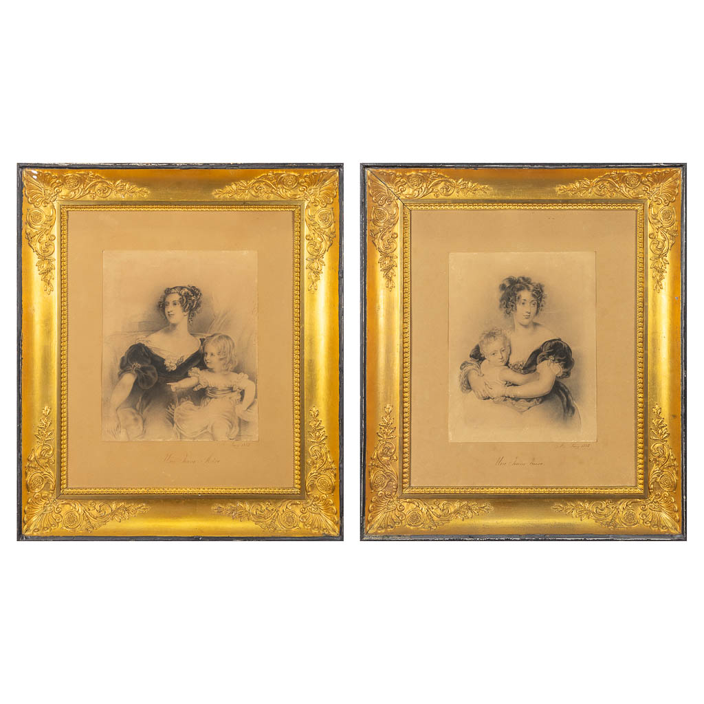 A pair of empire frames with prints 'une Jeune Veuve' en 'Une Jeune Mère'. Marked 1835. (24 x 30 cm)