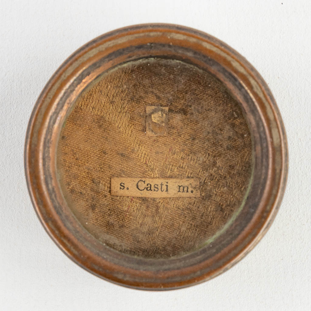 A sealed theca with a relic: Ex Ossibus Sancti Casti Martyris