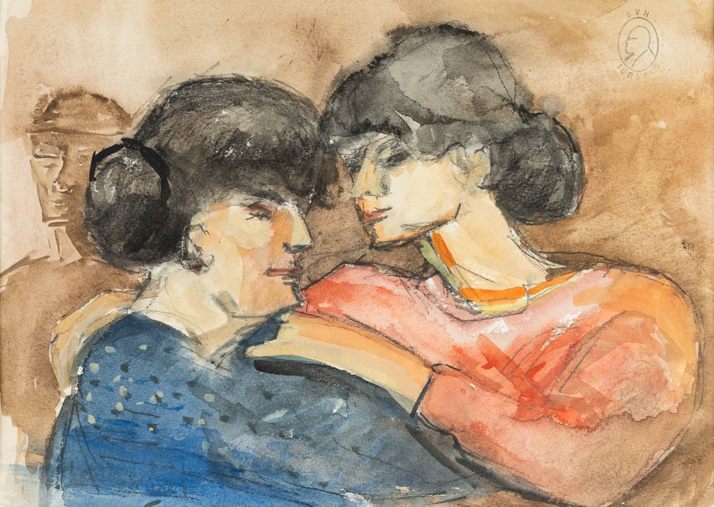 No signature found, 'Mother and daughter', watercolor on paper, stamped with S.V.H. Israels in The Netherl. (36 x 26 cm)