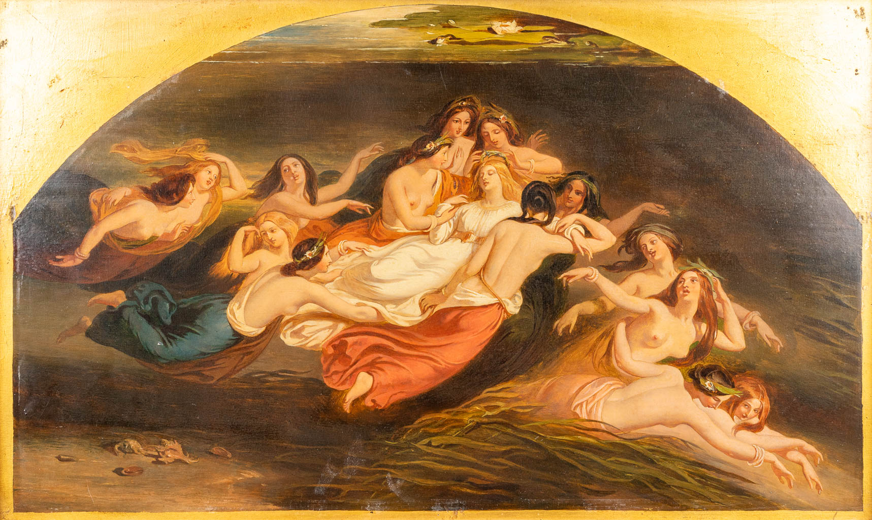 William Edward FROST (1810-1877)(attr.) 'badende nymphen' een schilderij, olie op paneel. (W:44 x H:26 cm)