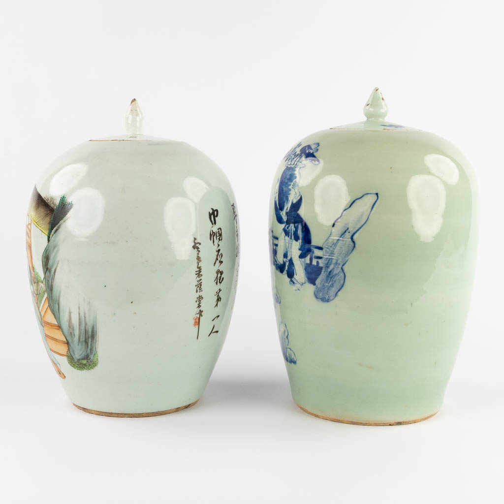 Two Chinese ginger jars, celadon and polychrome decor. 19th/20th C. (H:34 x D:22 cm)