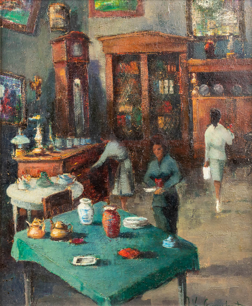Jan VAN CAMPENHOUT (1907-1972) 'Interior with figurines' oil on canvas. (W: 50 x H: 60 cm)